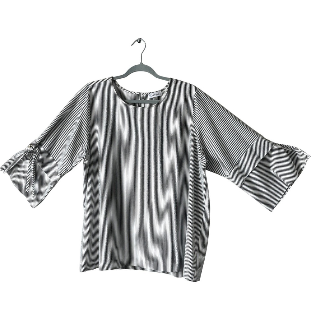 Calvin Klein Womens 1X Striped Seersucker Bell Sleeve Blouse Tie Top Classy